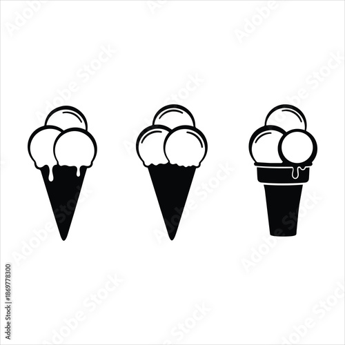 Black and white illustration of three different ice cream cone variations