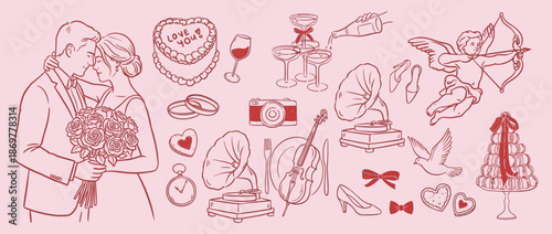 Italian Wedding Illustration Set, Hand Drawn Ink Romantic Elements with Bride, Groom, Newlyweds, Cupid, Cake, Rings and Champagne, Line Art Doodle Sketch Style