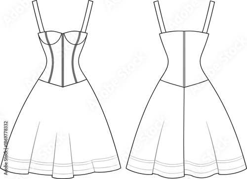 Cad drawing flat vector illustration of women's corset dress, technical fashion sketch showing front and back views with panel details
