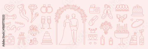 Italian Wedding Illustration Set, Hand Drawn Ink Romantic Elements with Bride, Groom, Newlyweds, Cupid, Cake, Rings and Champagne, Line Art Doodle Sketch Style