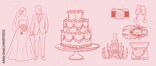 Italian Wedding Illustration Set, Hand Drawn Ink Romantic Elements with Bride, Groom, Newlyweds, Cupid, Cake, Rings and Champagne, Line Art Doodle Sketch Style