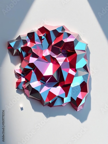 Sculpted chrome facets form an abstract topographic map,  light,  texture