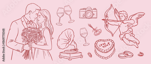Italian Wedding Illustration Set, Hand Drawn Ink Romantic Elements with Bride, Groom, Newlyweds, Cupid, Cake, Rings and Champagne, Line Art Doodle Sketch Style