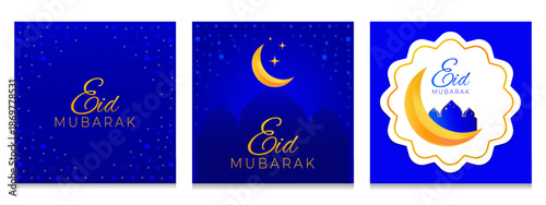 Set of three islamic holiday square banners for Eid Al -Fitr and Ramadan. Vector illustration.