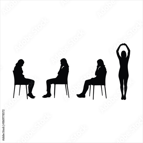 Silhouettes of people in various poses sitting and standing on chairs