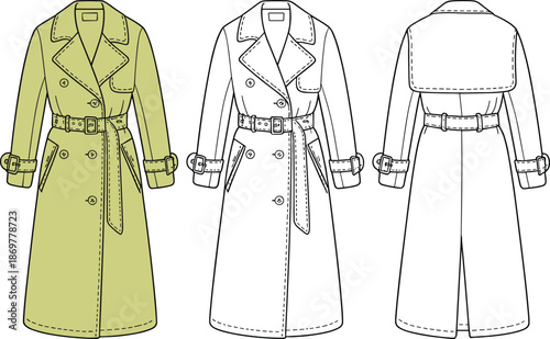 Cad drawing flat vector illustration of women's trench coat with belt, buttons, cuff details, front and back view technical sketch