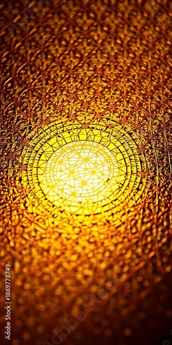 Gilded lattice work, rendered with extreme focus, forms a mesmerizing moiré effect against a molten gold depth,  geometric,  background