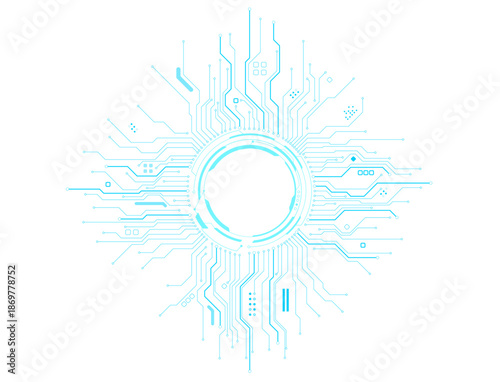 Glowing sci-fi portal with circuit board traces spreading across futuristic tech transparent background. Neon blue circular frame, digital HUD elements and cyber interface design. Vector illustration
