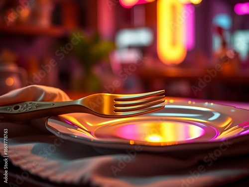 Glimmering ceramic plate, linen embrace, carved wood fork in neon haze Shallow DOF, white plate,  elegant table setting