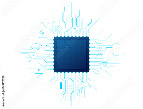 Advanced semiconductor circuit design with blue tech wiring on a transparent background. Digital chip architecture showcasing precision electronic components and data pathways. Diigital vector chip.