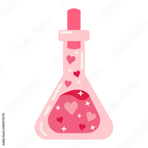 Flat vector illustration of a pink love potion bottle with hearts and sparkles inside, perfect for Valentine's Day, magic themes, and romantic graphic designs.