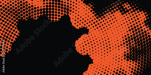 Halftone black and orange vector of dots arranged in a circle