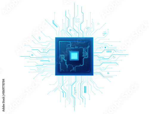 Digital isolated semiconductor processor with luminous center and connection lines. Modern circuit board element in blue tones, ideal for technology concepts and presentations. Technology vector
