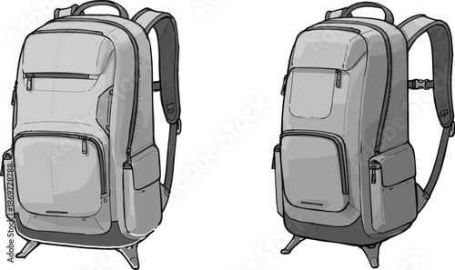 CAD drawing flat vector illustration, backpack design, travel gear, school bag, hiking backpack, fashion accessory, zipper compartments, side profile, outline sketch, editable artwork