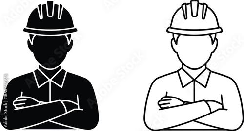 Construction worker engineer in hard hat with arms crossed icon set with black silhouette and linear outline for site safety