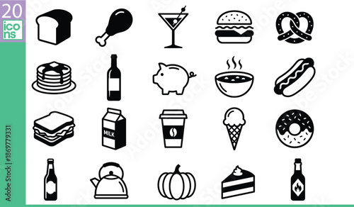 Black and white food, drink, snack, beverage, kitchen, breakfast, lunch, dinner, icon collection for restaurant, cafe, grocery, culinary, cooking, dining, menu design, editable vector