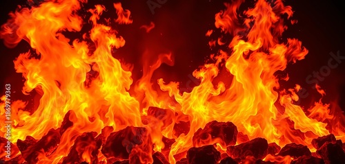 Fiery orange and yellow flames engulfing the background, intense heat and motion,  element,  dramatic