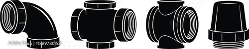 Silhouette vector set of 5 pipe fitting shapes elbow tee coupling reducer and end cap