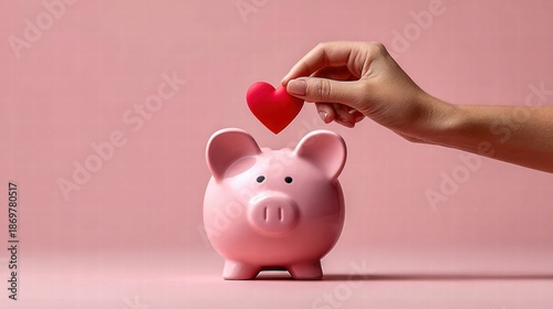 Hand placing a red heart into a pink piggy bank, symbolizing love and savings.