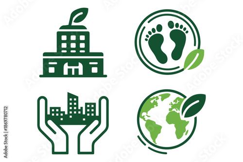 Modern green building and ecology icons including carbon footprint tracking and global environmental protection symbols with city skyline and foliage