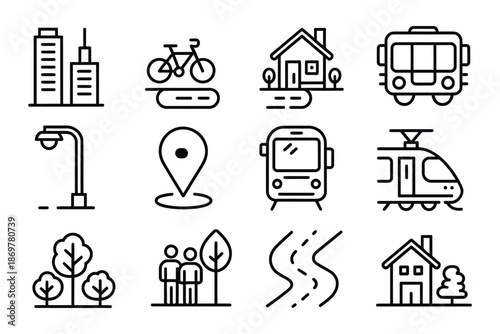 Smart city transportation and urban infrastructure icons featuring bicycle bus train railway street lamp park trees people and residential house line