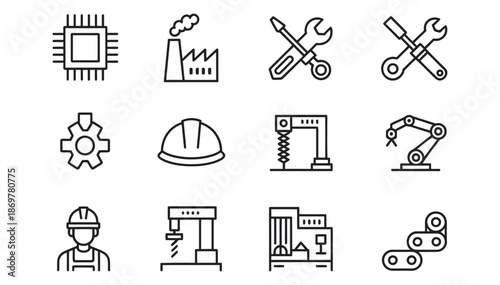 Industrial manufacturing icon set with microprocessor factory tools gear hard hat robotic arm assembly line and conveyor belt for production
