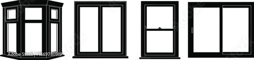 Silhouette vector set of 4 residential window styles bay window sash window casement and sliding window