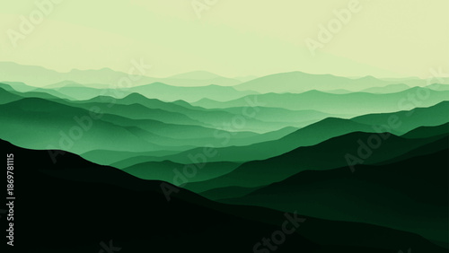 Abstract Rolling hills cascade into the distance, rendered in shades of green and shrouded in a soft, ethereal mist, offering a mesmerizing glimpse of nature's vastness and tranquility.