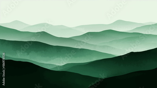 Abstract A tranquil vista of rolling hills, bathed in an ethereal, muted green, and serene atmosphere, evoking a sense of calm and escape.