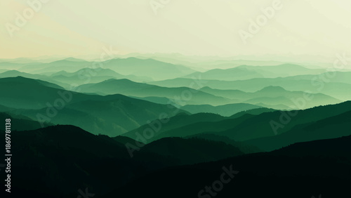 Abstract A breathtaking panorama of verdant mountain ranges fading into a misty horizon, where the undulating peaks stand in a serene and tranquil environment.