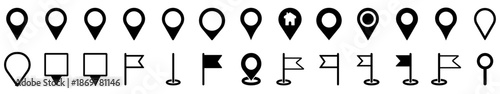 Collection of map location pin symbols for navigation, GPS, mapping, travel routes, addresses, and destination marking. Ideal for maps, apps, interfaces, and location-based services.