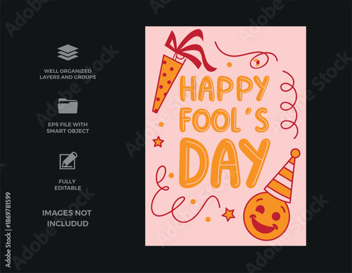 Celebrate april fool's day with a cheerful and playful design featuring a funny emoji and party elements