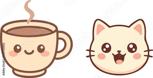 A cheerful kawaii coffee cup steaming happily next to an adorable smiling cat head graphic