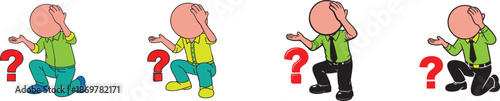 Confused cartoon character with question mark in various colors