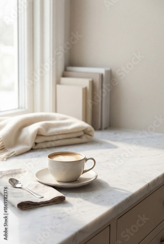 Minimalist Morning Coffee with Latte Art in Soft Natural Light