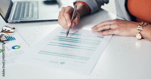 Woman, hands and writing with documents for business contract, survey or company policy in office. Female person, employee or reading with pen or paperwork for application or insurance in workplace