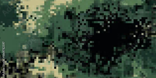 Abstract digital camouflage pattern. Seamless texture in muted greens and beige. Ideal for backgrounds, textile design, military or outdoor themes. Suggests concealment, strategy, and nature.