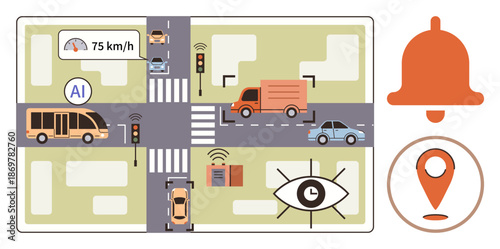 Smart cities, transportation, AI technology, road safety, traffic monitoring, autonomous systems. Visual of vehicles at an AI-powered intersection. Smart cities and transportation concept