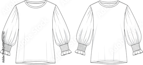 Top sketch, puff sleeves, gathered detail, ribbed cuffs, ruffled cuffs, fashion flat, garment design, clothing template, apparel illustration, vector outline