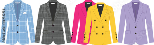 Stylish women’s blazer jacket collection featuring various colors, patterns, button styles, and elegant fashion apparel designs