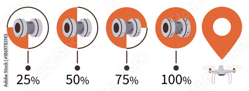 Power efficiency, technology, battery charging, quadcopter battery, energy monitoring, navigation. Charging stages displayed in percentages with a Quadcopter and location pin visual. Power efficiency