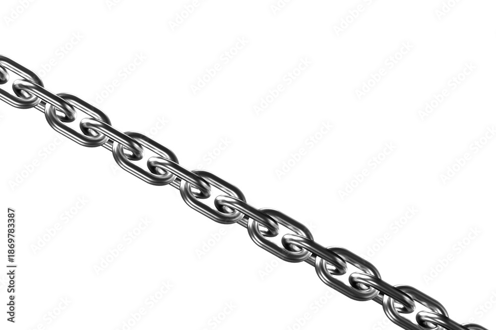 Obraz premium Shiny silver metal chain links stretching diagonally isolated on white background