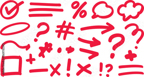 Bold Red Hand-Drawn Markings Collection A Set of Attention-Grabbing Symbols Arrows Questions and More for Emphasis and Visual Communication on Black Backdrop