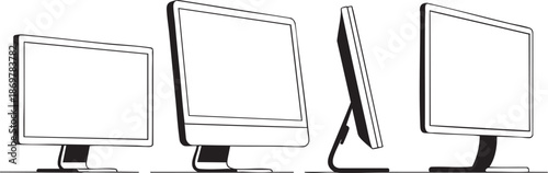 Computer Monitor Set in Various Angles - Vector Line Art Illustration for Technology, Office Equipment, and Display Devices - Modern and Sleek Design