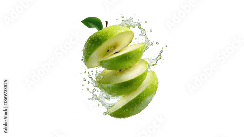 A dynamic stack of fresh green apple slices with a splash of water, isolated on a black background.