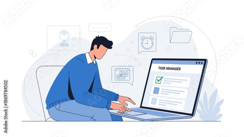 Man managing tasks on laptop, digital workflow, planning, organization, productivity concept