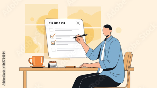 Man checking off tasks on a to-do list, planning day, organization, productivity concept