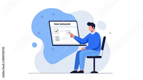 Man checking task in task manager app on screen, business planning illustration