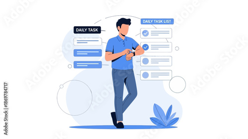 Man Checking Smartwatch Near Daily Task List, Time Management Concept