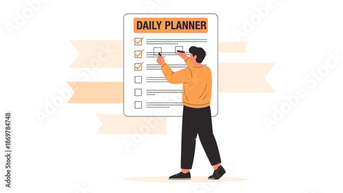 Man checking tasks on a daily planner checklist, productivity and organization concept.